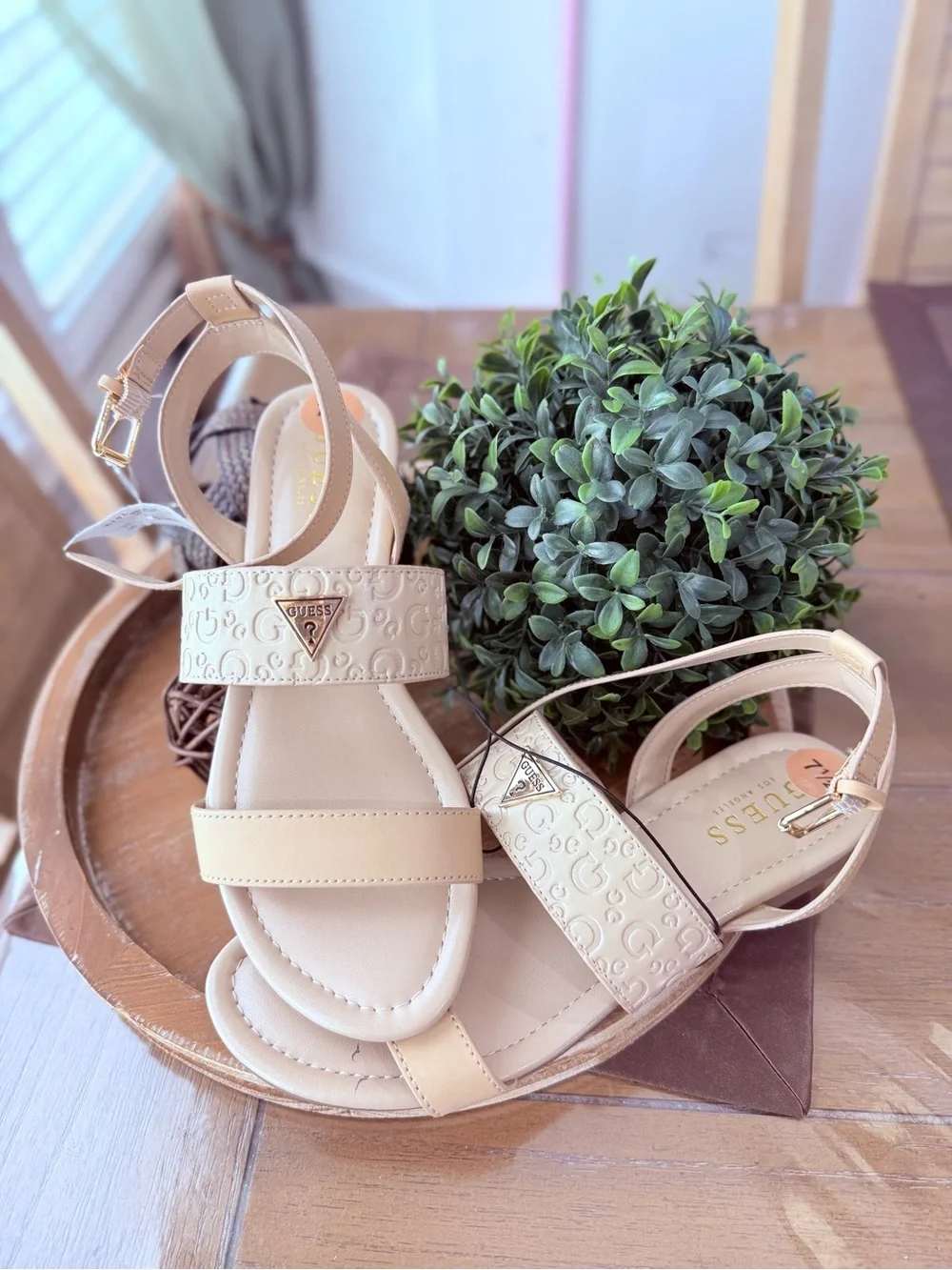 GUESS Beige/Cream Embossed Logo Ankle-Strap Sandals